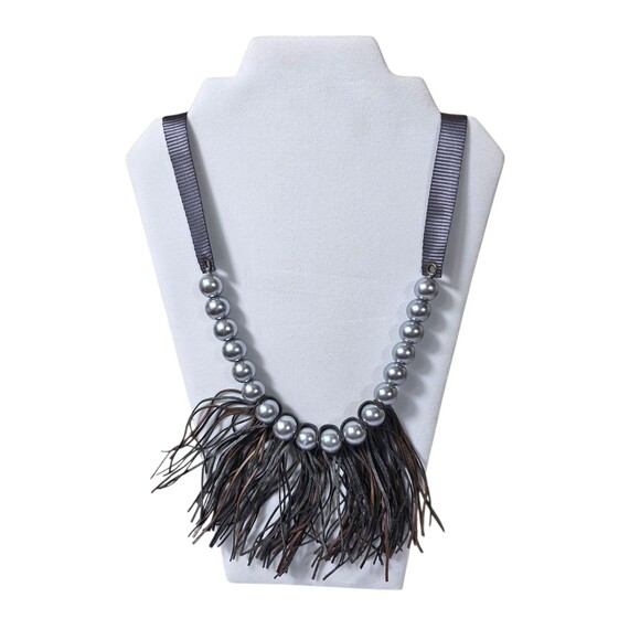 Plunder grey faux pearls leather fringe long Necklace Grunge Retro Art - Picture 1 of 8
